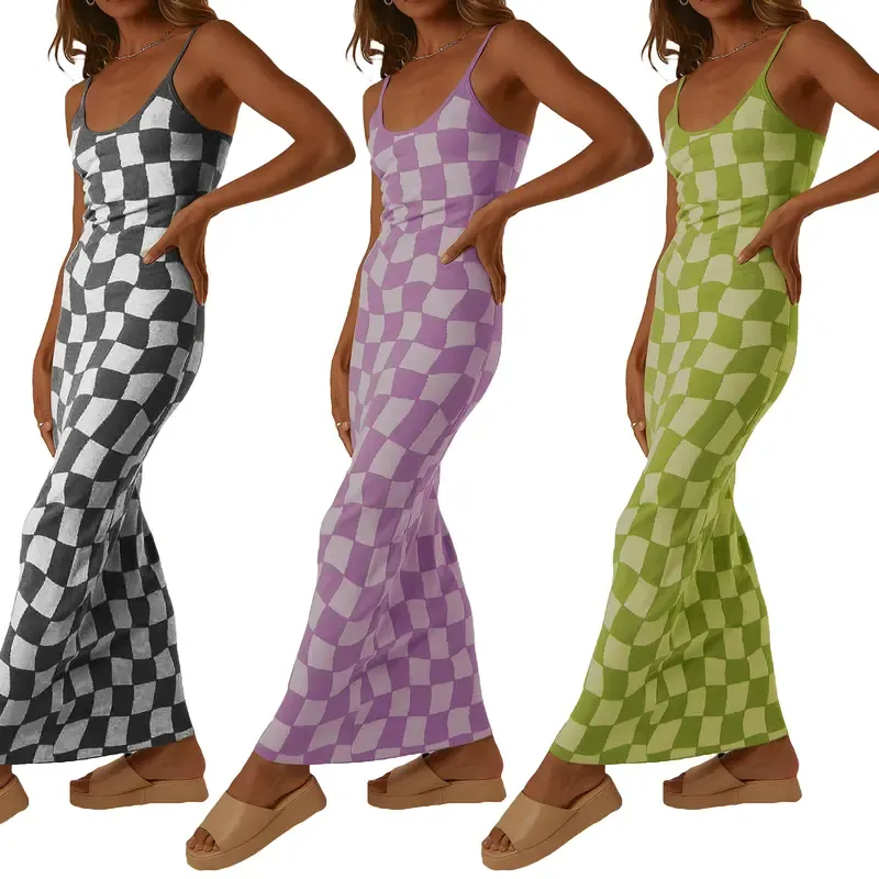 Women's Summer Long Cocktail Dress SleevelessCheckerboard Print Spaghetti Strap Dress