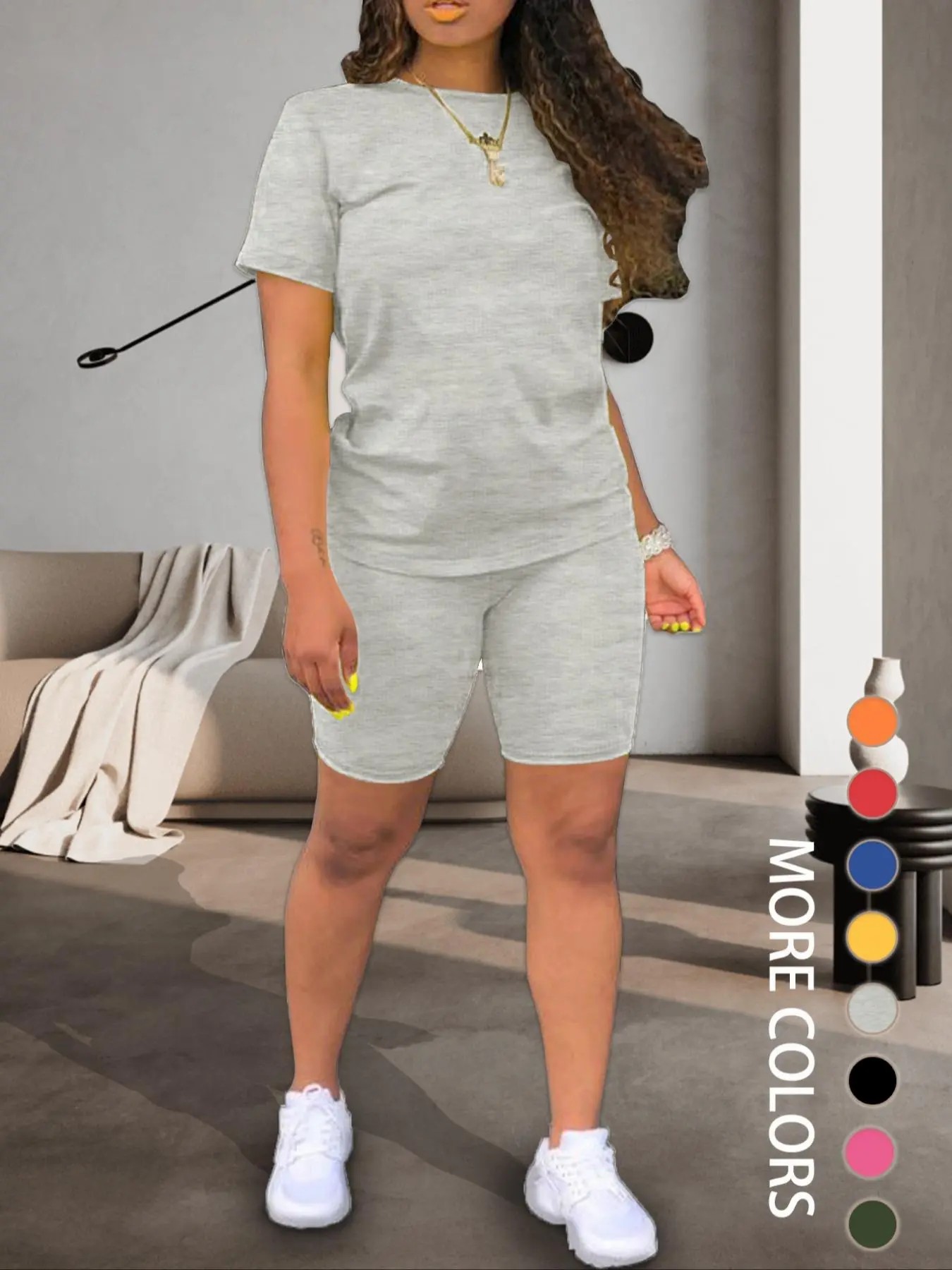 Two-piece Set Women's Fitted Plain Round Neck Tee & Skinny Shorts Set, Summer Clothes Women, Short Sleeve Crew Neck T-shirt & Shorts, Casual Summer Clothes for Outdoor, Cute Summer Outfit, Casual Matching Set, Womenswear