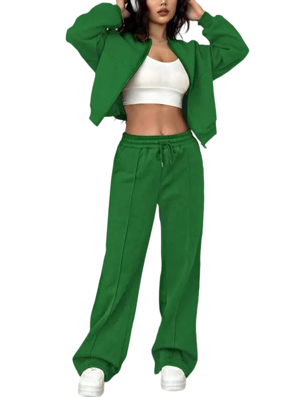 Two-piece Set Women's Solid Zip Up Drop Shoulder Jacket & Pocket Elastic Waist Pants