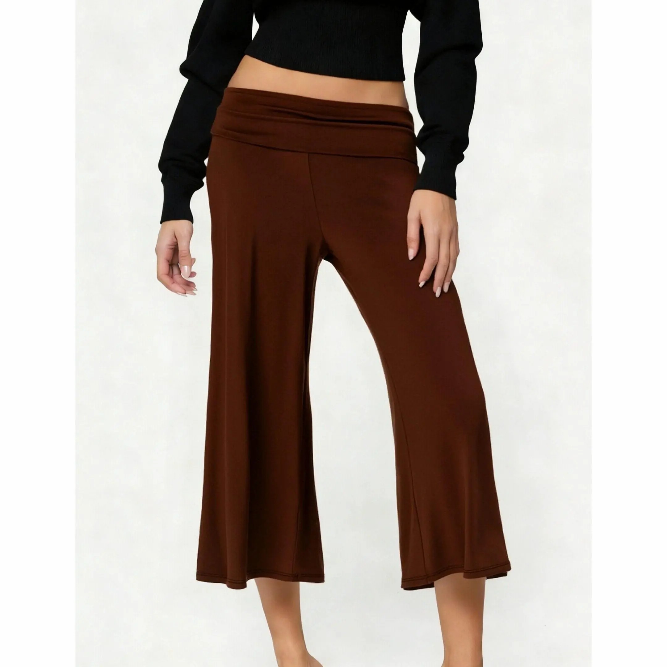 Casual Wide-Leg Culottes for Women - Fold-Over Waist Cropped Pants