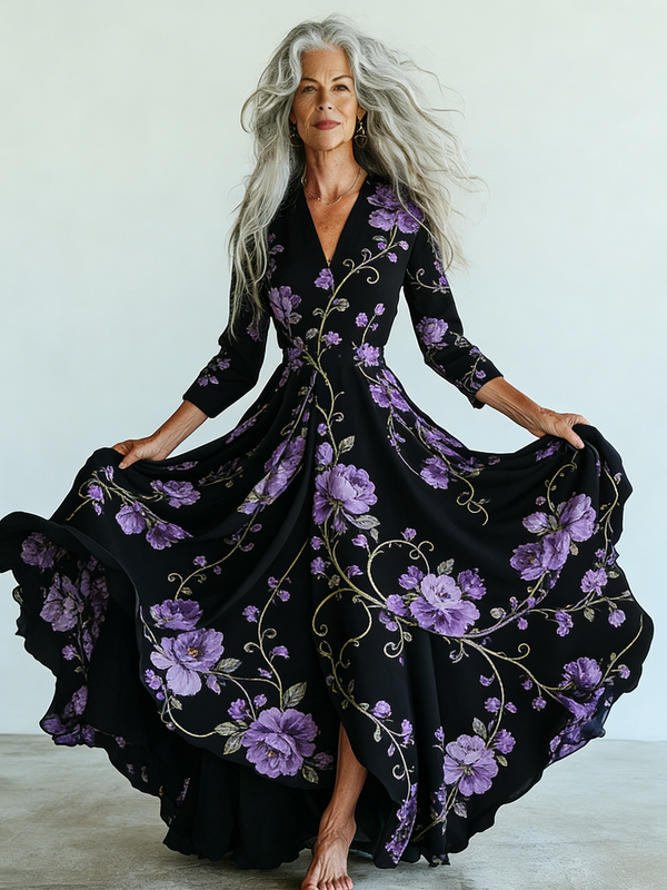 Embroidered Retro Loose Embroidered Printed Contrast Color Dress8680