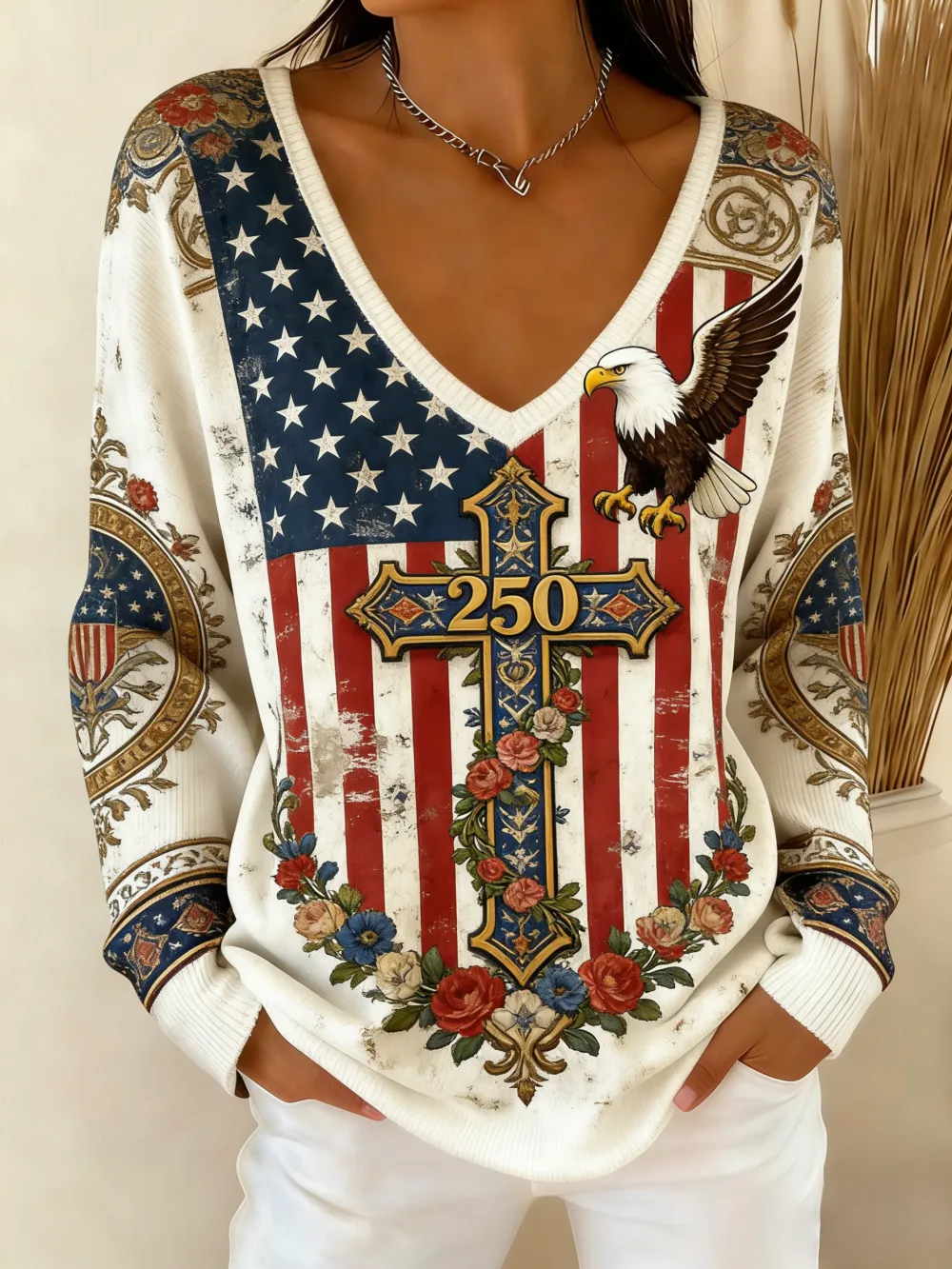 Women's 250th Anniversary Faith Cross Printed V-neck Knitted Shirt