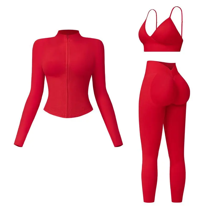 Women’s 3-Piece Seamless Workout Set – Crop Tank, Zip Jacket & High-Waist Leggings