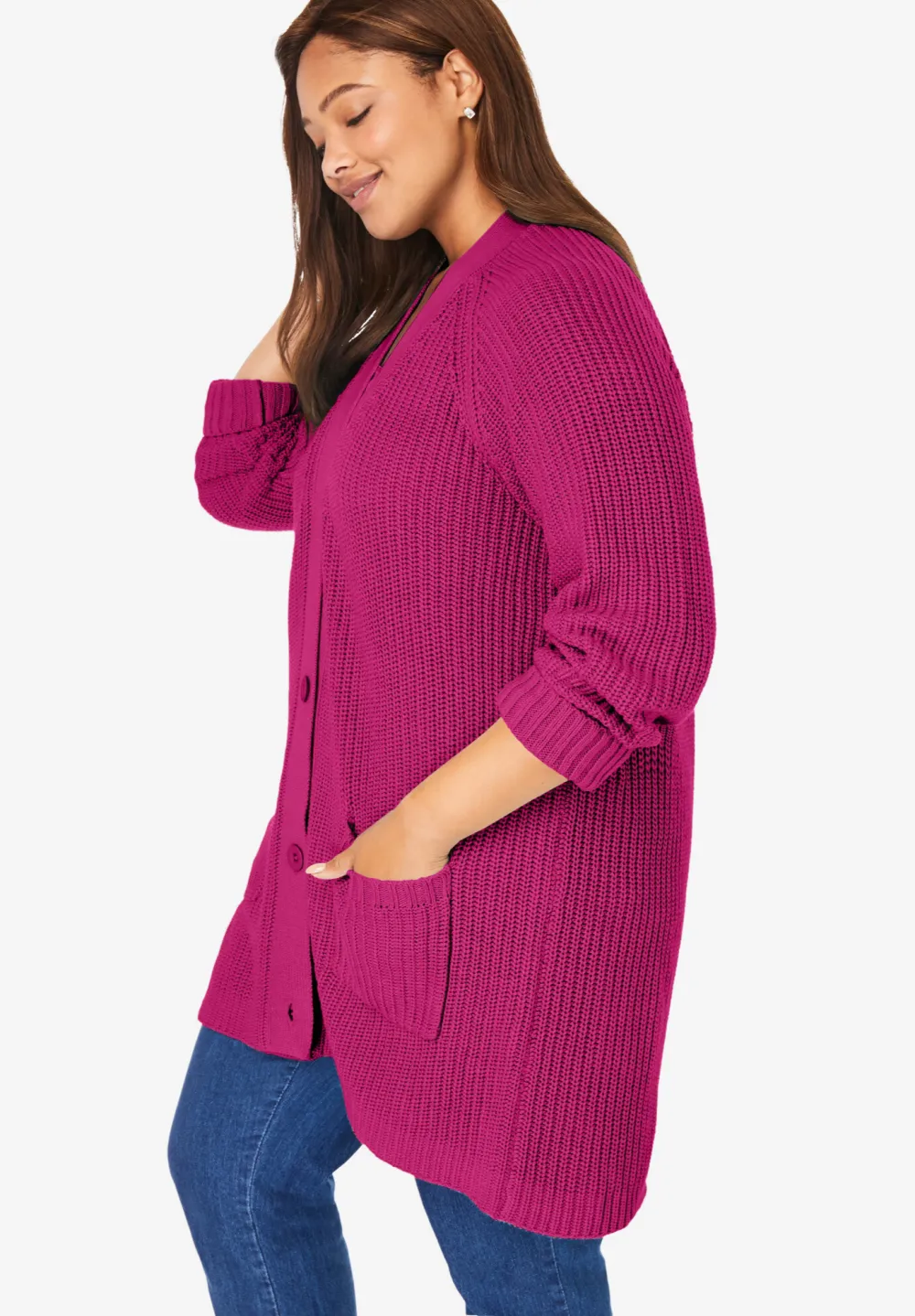 Button-Front Shaker Cardigan