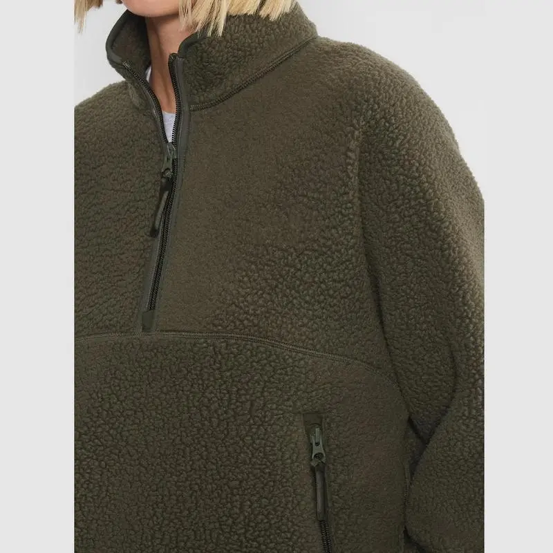 Women’s Fleece Cropped Pullover – Half Zip Sherpa Jacket with Pockets