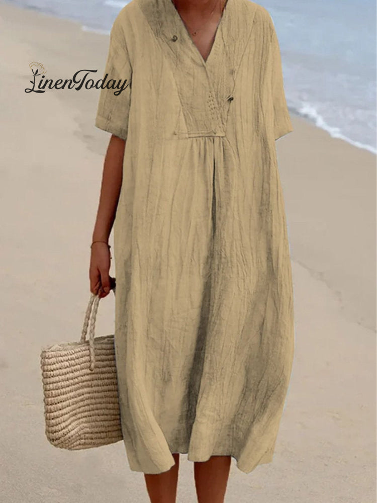 Women's Solid Color Cotton And Linen Short Sleeve Dress