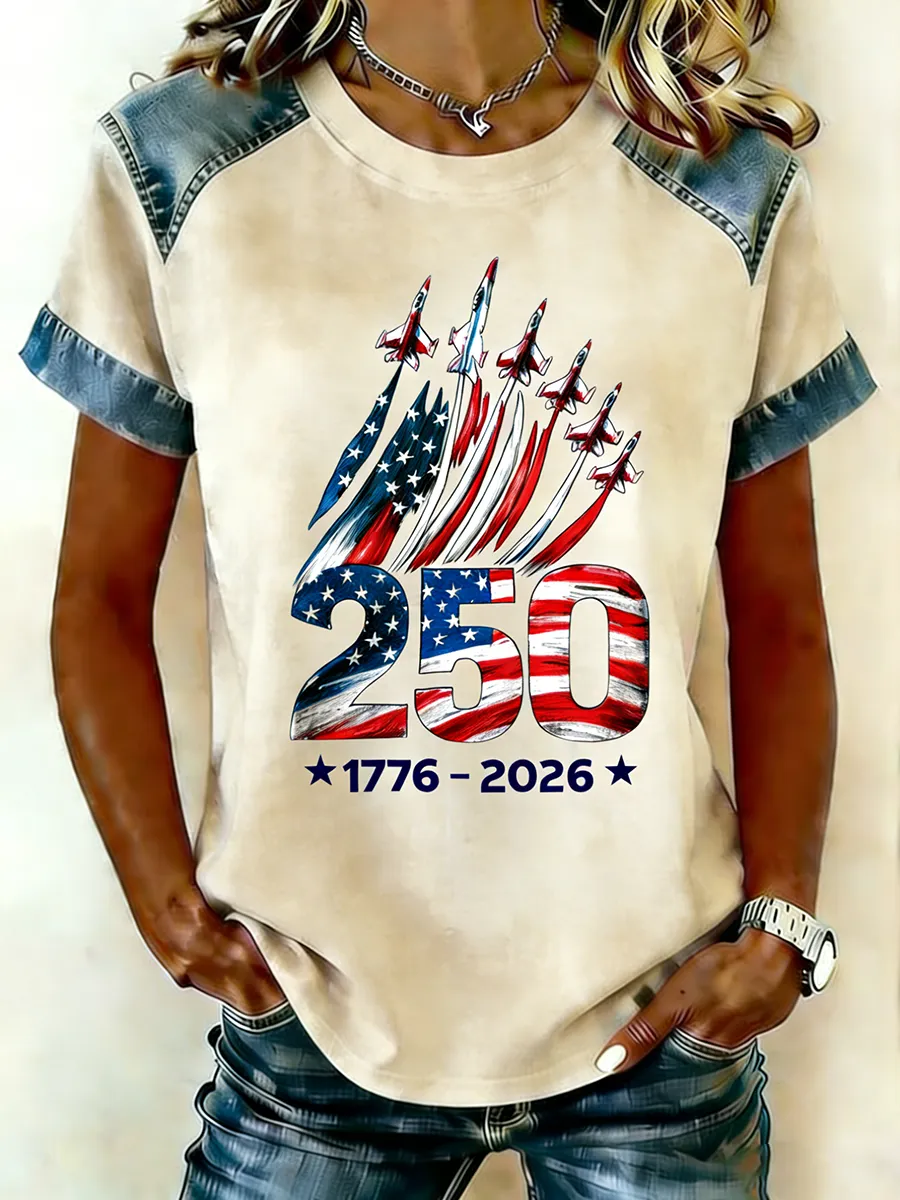 Patriotic USA Flyover 250 Years Denim Raglan Short Sleeve Tee