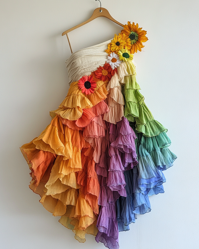 Rainbow Floral Embroidery Ruffled One Shoulder Dress  ded6