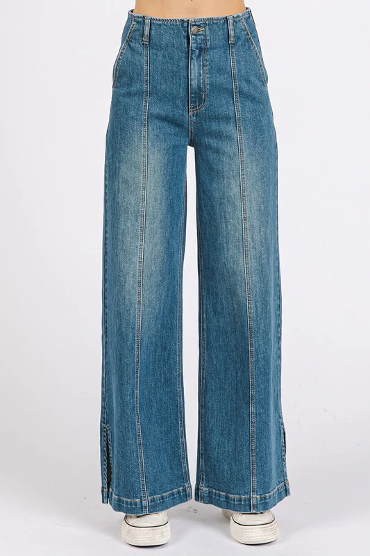 Medium Wash Seam Detail Wide Leg Denim Jeans