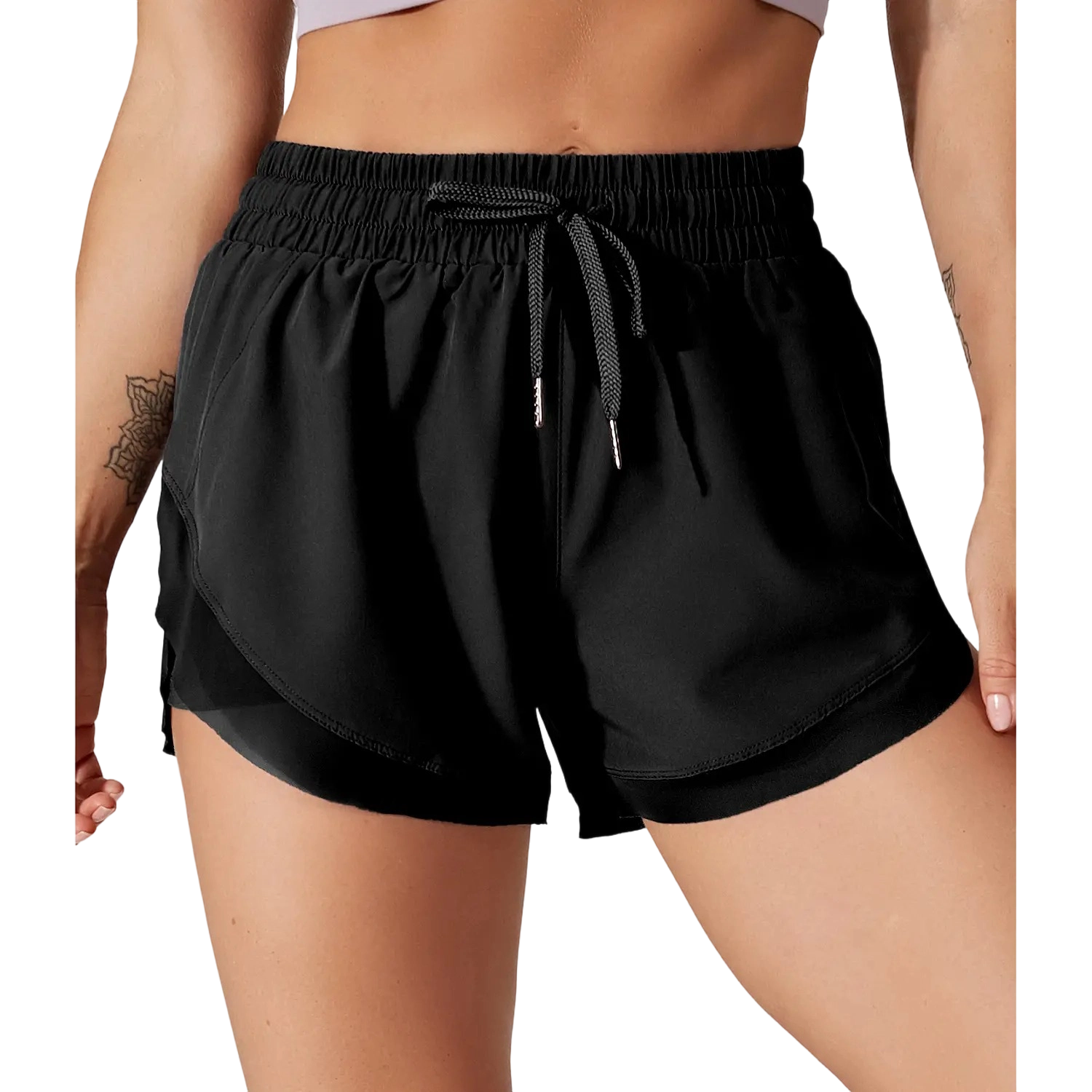 🏃Women’s 2-in-1 Mesh Active Shorts – Flowy Overlay & Adjustable Drawstring