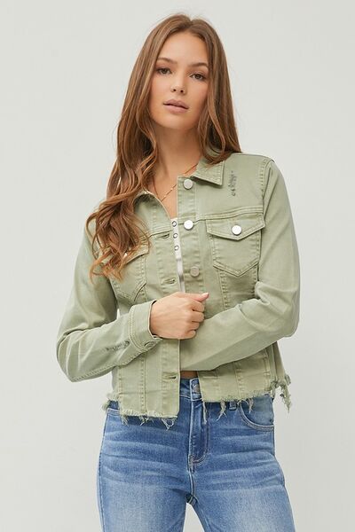 Full Size Raw Hem Button Up Cropped Denim Jacket Plus Size