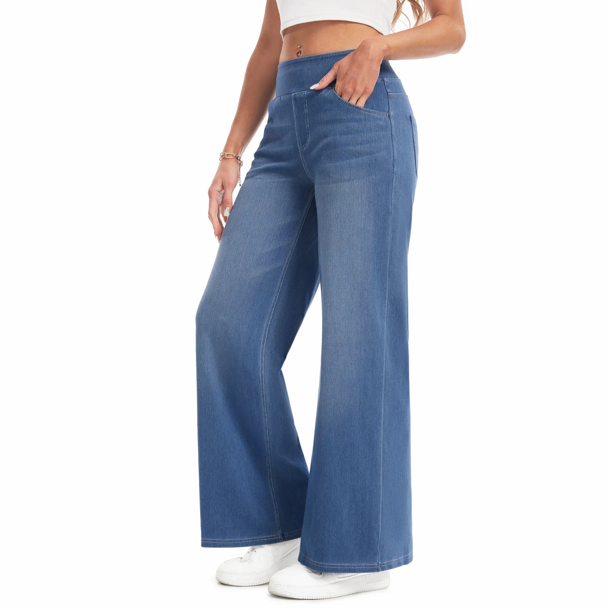 Wide Leg Stretchy Jeans for Women Loose Fit Elastic High Waist Pants Pull On Baggy Fit Jeans Tummy Control Trousers Casual Work Wear (Regular Inseam)