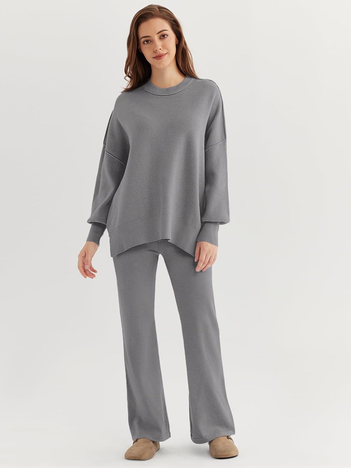 🎄Christmas Clearance 🔥Women 2 Piece Outfits Sweatsuit Sweater Sets Oversized Knit Pullover Tops Wide Leg Pants Lounge Set