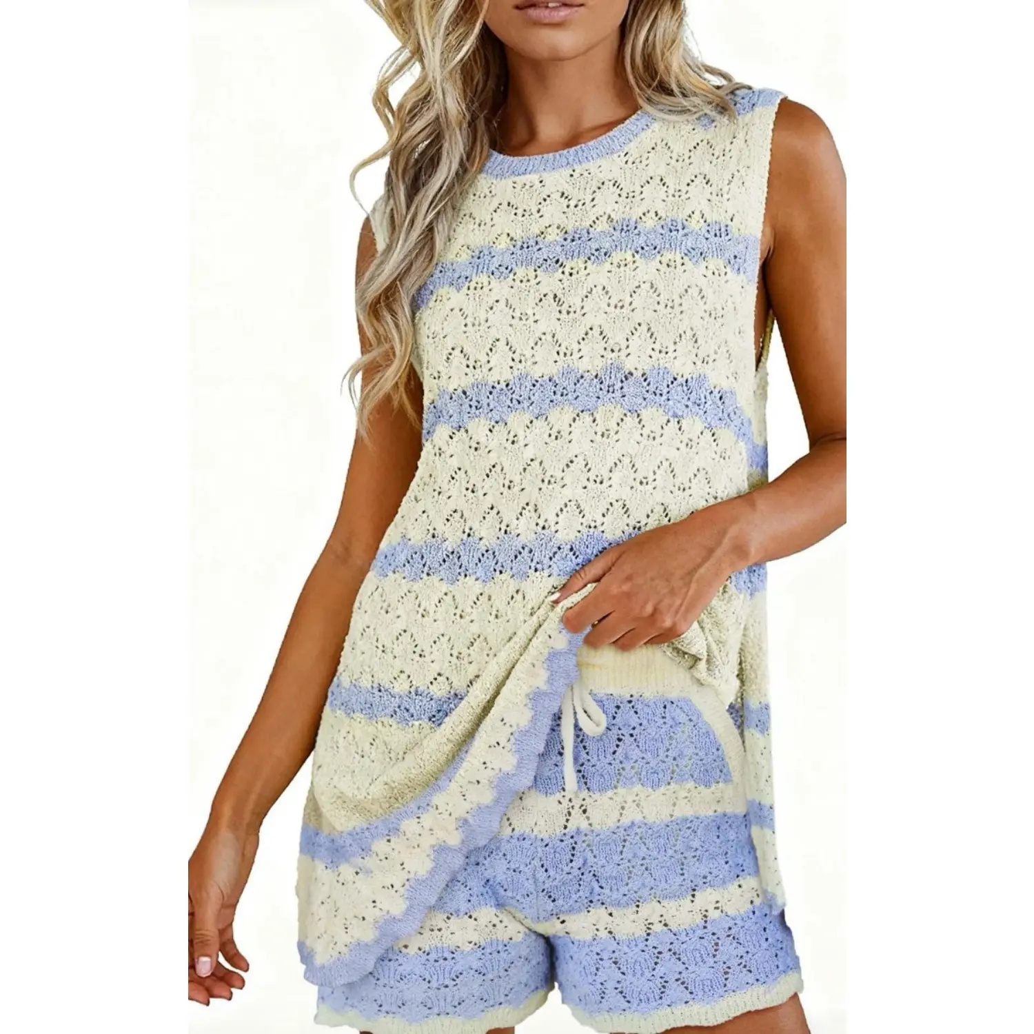 Womens Striped Crochet Knit 2 Piece Set