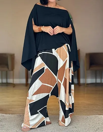 Women's Casual Solid Top & Printed Pants Set – Effortless Everyday Style