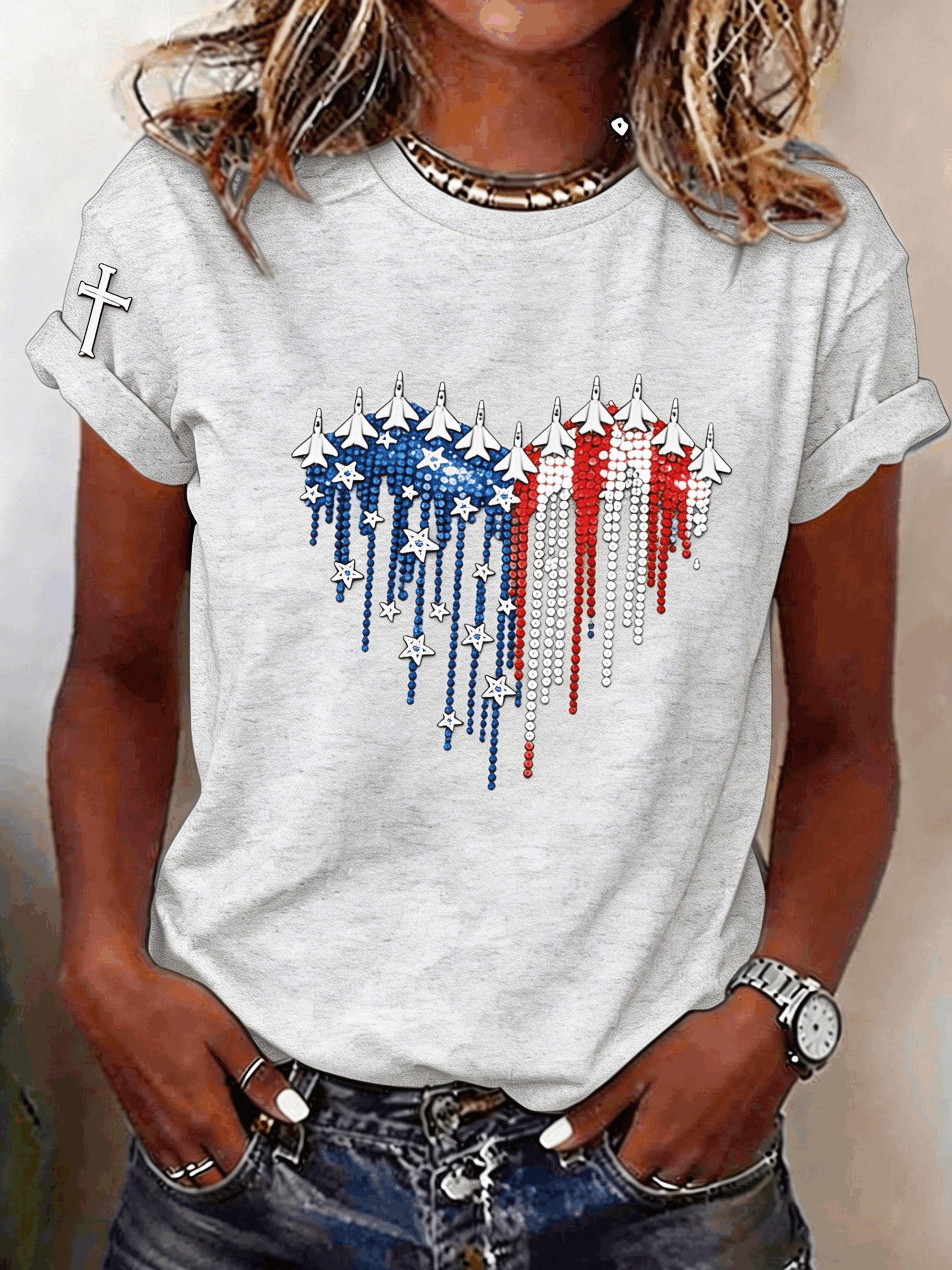 Women's Patriotic Faith & Freedom Heart Graphic Tee - Jet Fighter USA Flag Shirt