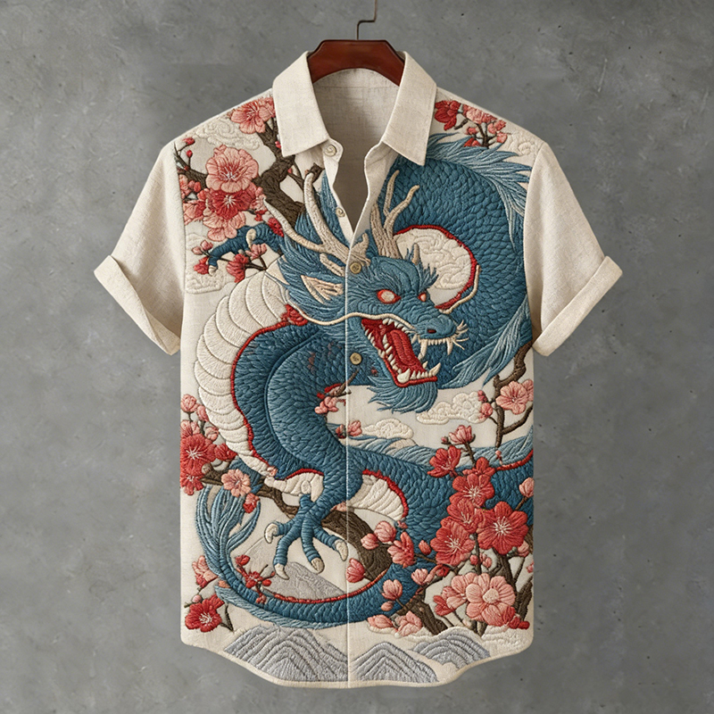 Men's Japanese-style Linen Short-sleeved Shirt With Dragon And Floral Patterns