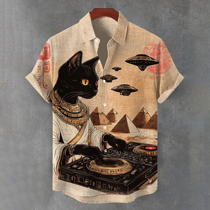 Men's Egyptian Cat Dj Ufo Art Print Short Sleeve Shirt
