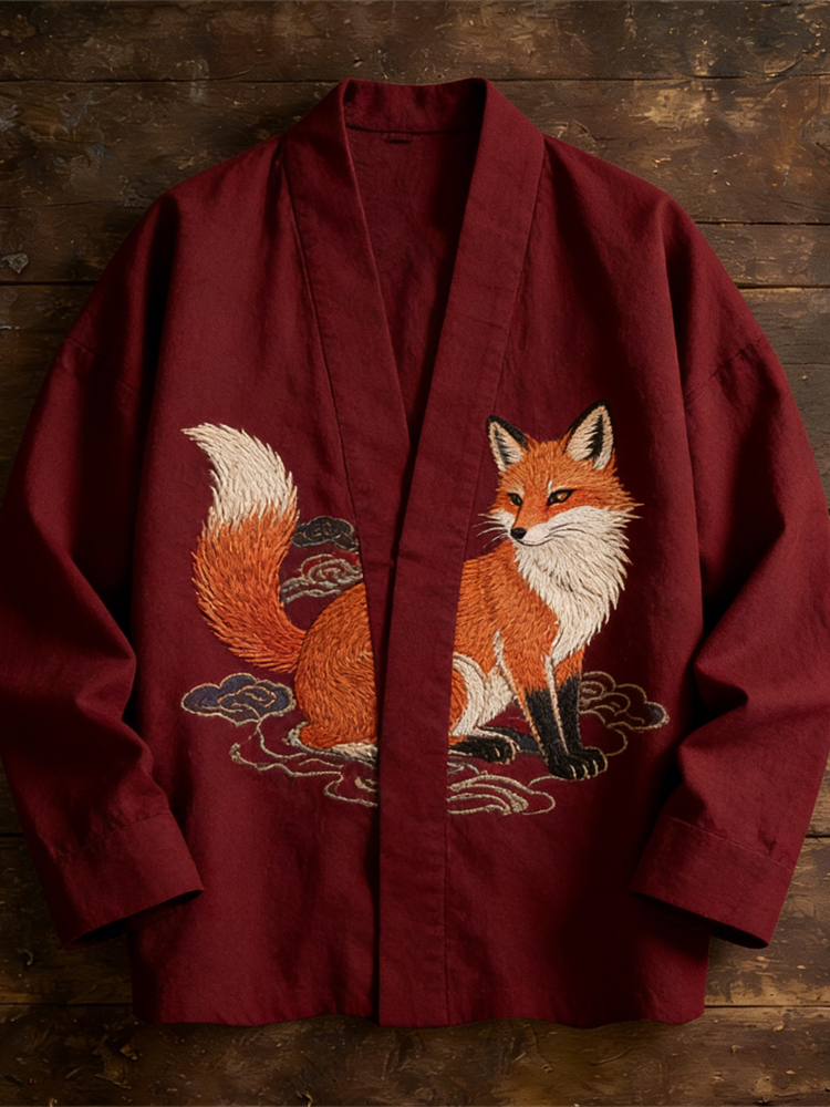 Japanese Fox Embroidered Totem Men's Linen Kimono