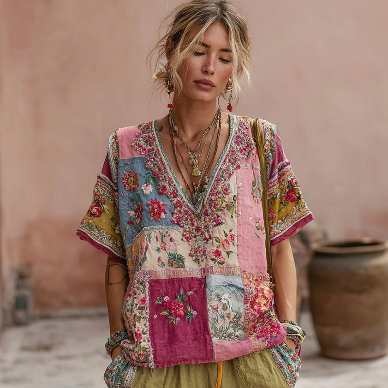 Women's Vintage Bohemian Floral Embroidery Art V-neck Linen Blend T-shirt