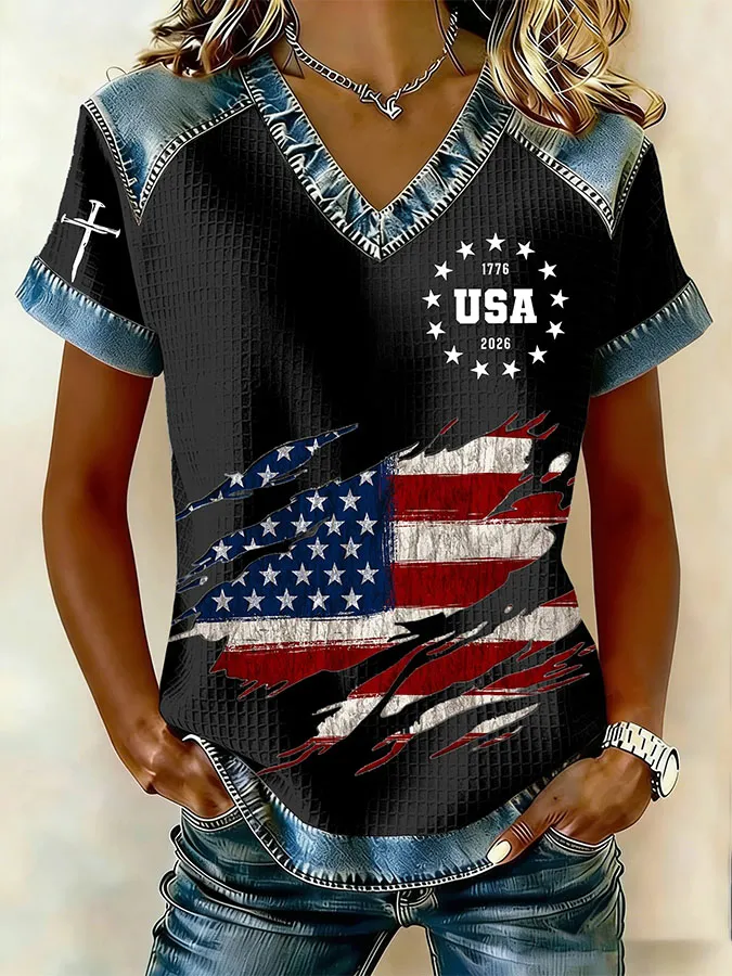 Women'S Retro American Independence Day 250Th Anniversary Printed V-Neck Short Sleeved T-Shirt