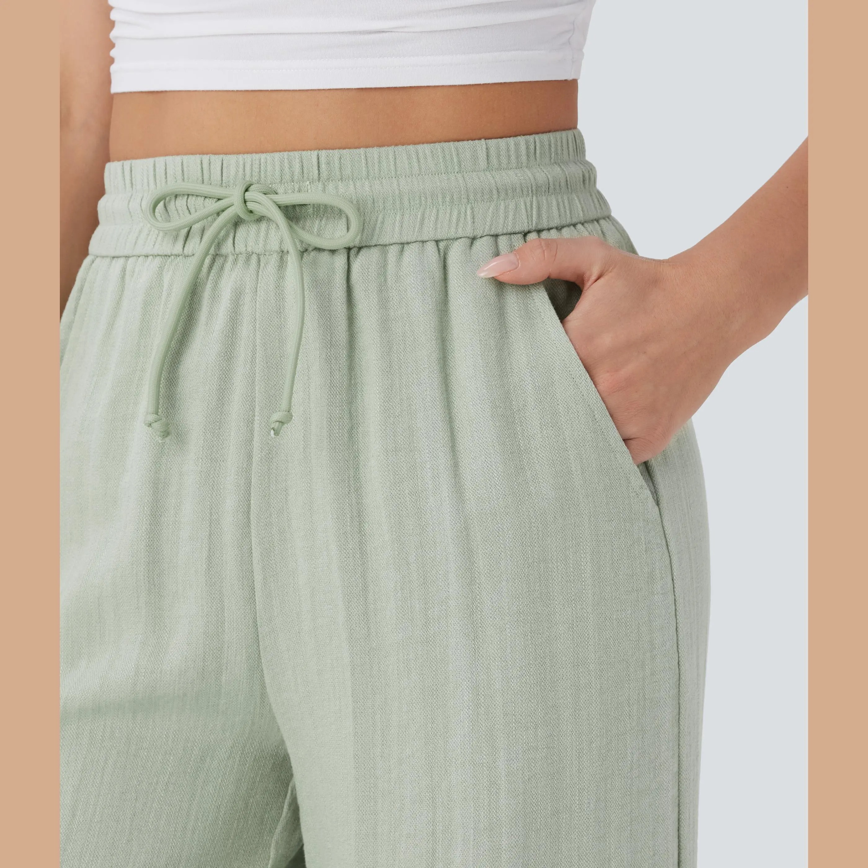 Women's High Waist Drawstring Wide Leg Linen-Feel Casual Pants with Pockets