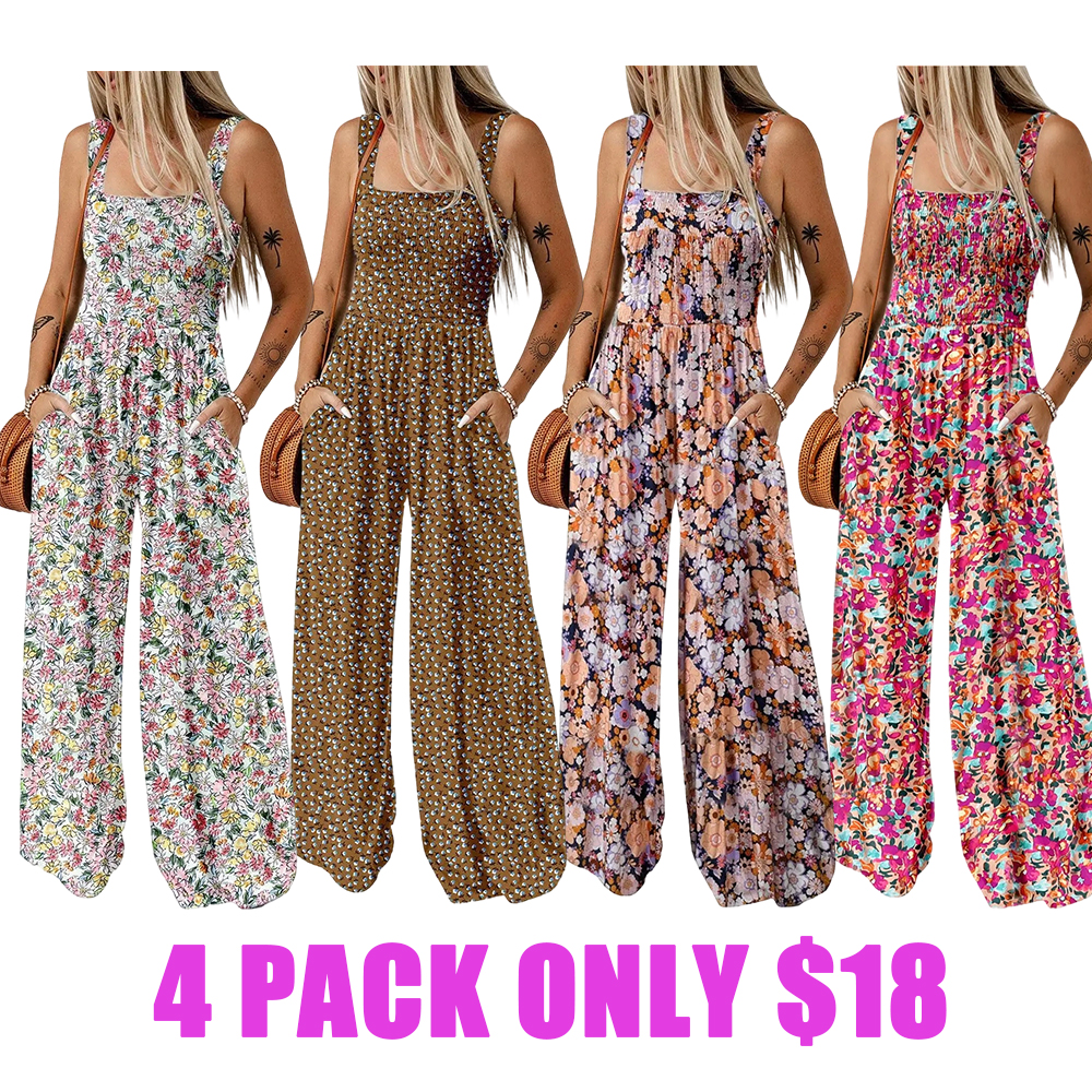 Women's Casual Loose Overalls Jumpsuits One Piece Sleeveless Printed Wide Leg Long Pant Rompers
