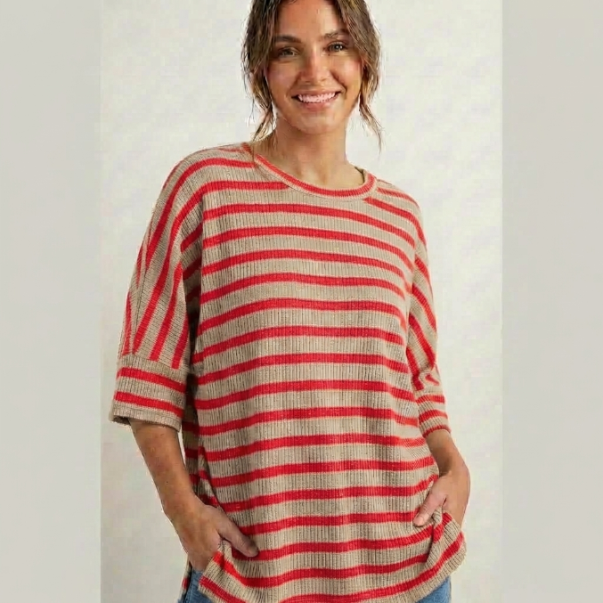 Women's Ribbed Striped 3/4 Sleeve Top – Easy Fit Everyday Essential