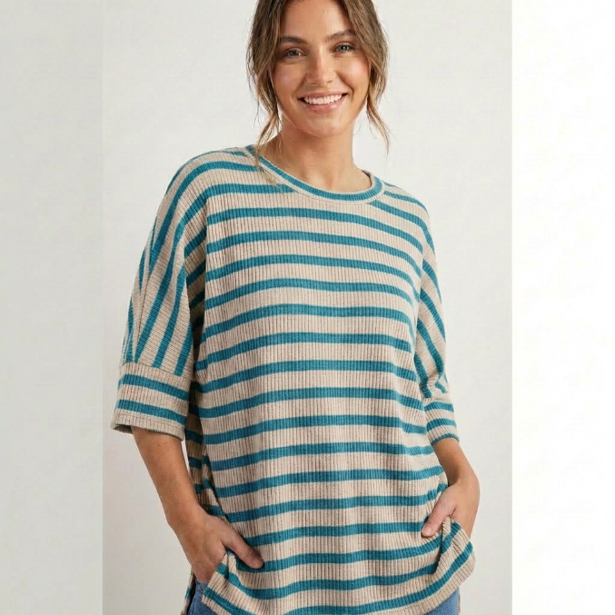 Women's Ribbed Striped 3/4 Sleeve Top – Easy Fit Everyday Essential