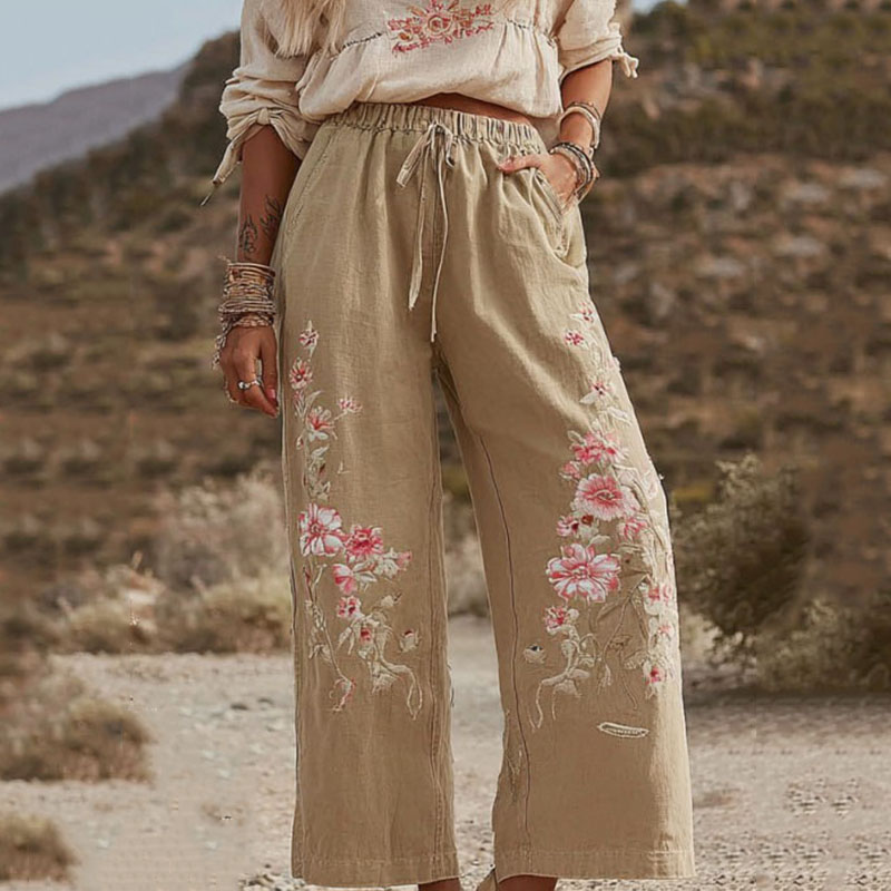 Women's Bohemian Rose Art Comfy Linen Pants