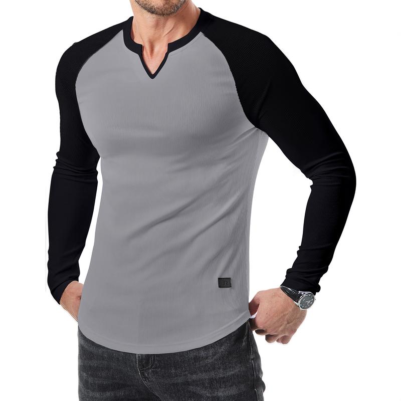 Men’s Ribbed V-Neck Long Sleeve Casual Tee