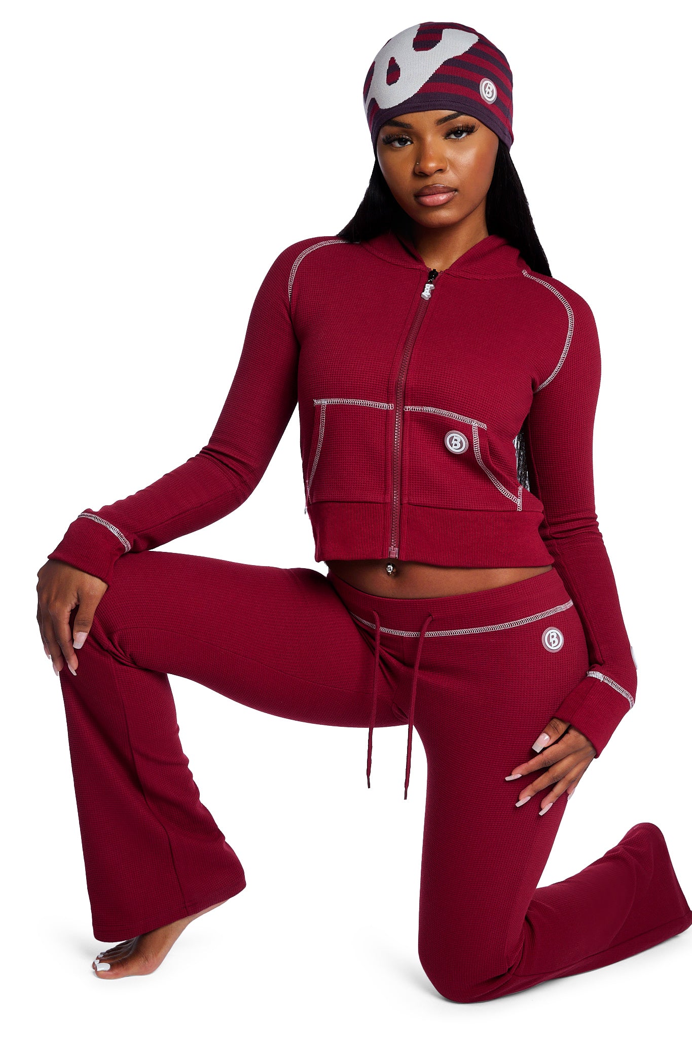 WAFFLE KNIT BOOT CUT PANTS (MAROON/SLATE)