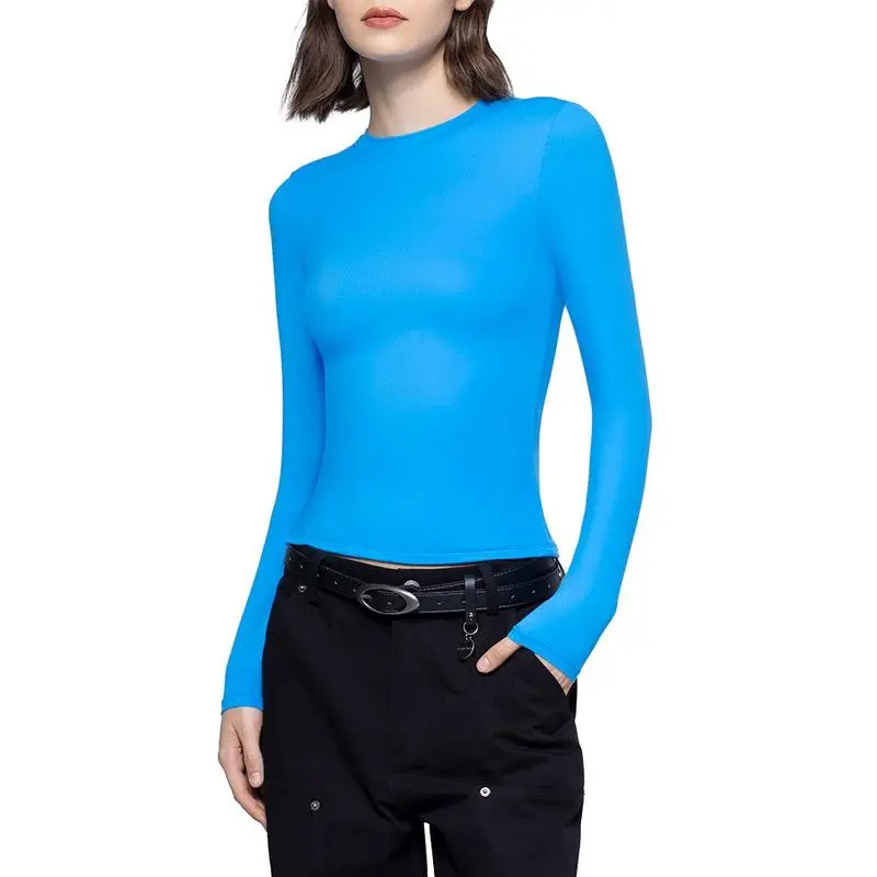 Long Sleeve Basic Tee Women's Crew Neck Slim Fit Tops Streetwear Minimalist Double Layer Compression Tee