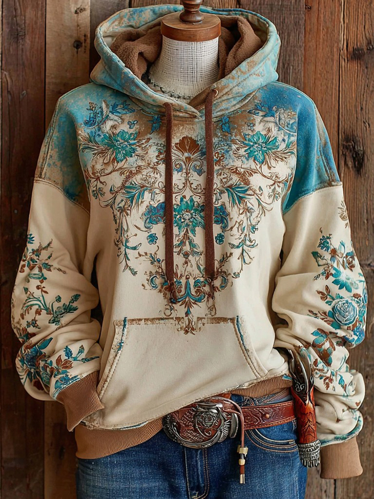 Women's Bohemian Floral Geometric Pattern Vintage Western Casual Hoodie