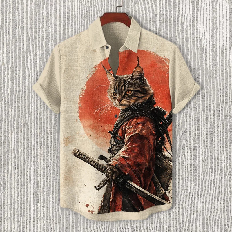 Men's Samurai Cat Art Print Short Sleeve Shirt