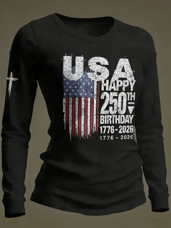 Ladies' Leisure 250Th Anniversary National Day Celebration Round Neck Long Sleeve T-Shirt