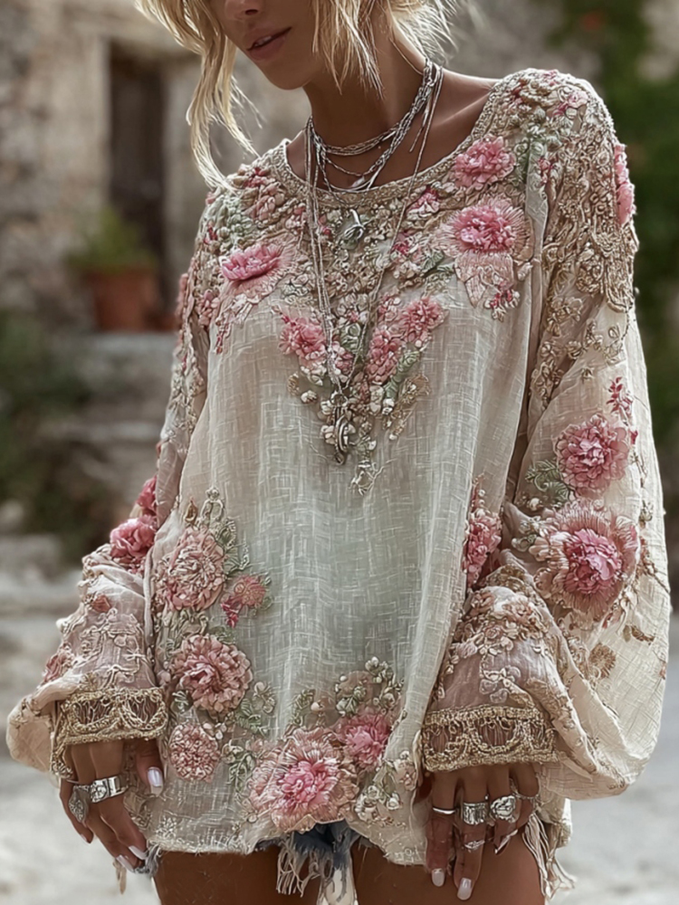 Women's Pink Rose Embroidery Art Round Neck Linen Blend T-shirt