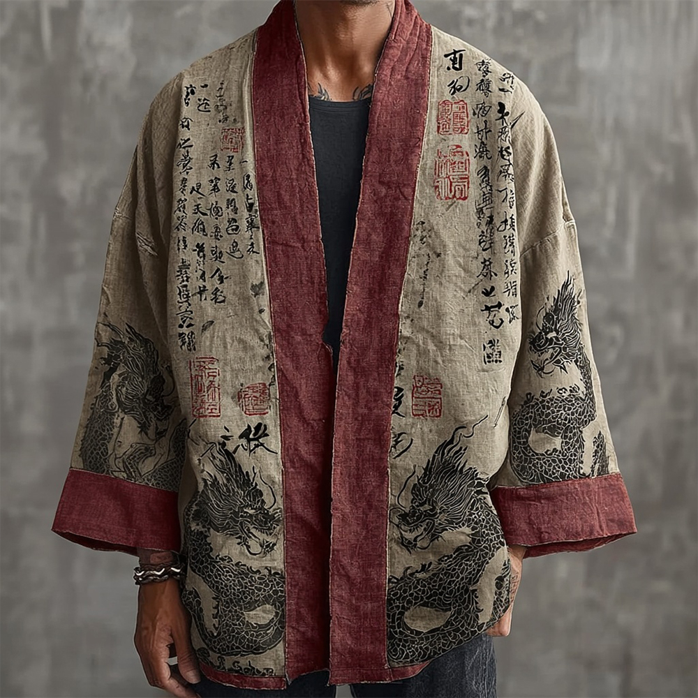 Men's Vintage Dragon Calligraphic Art Contrast Linen Kimono