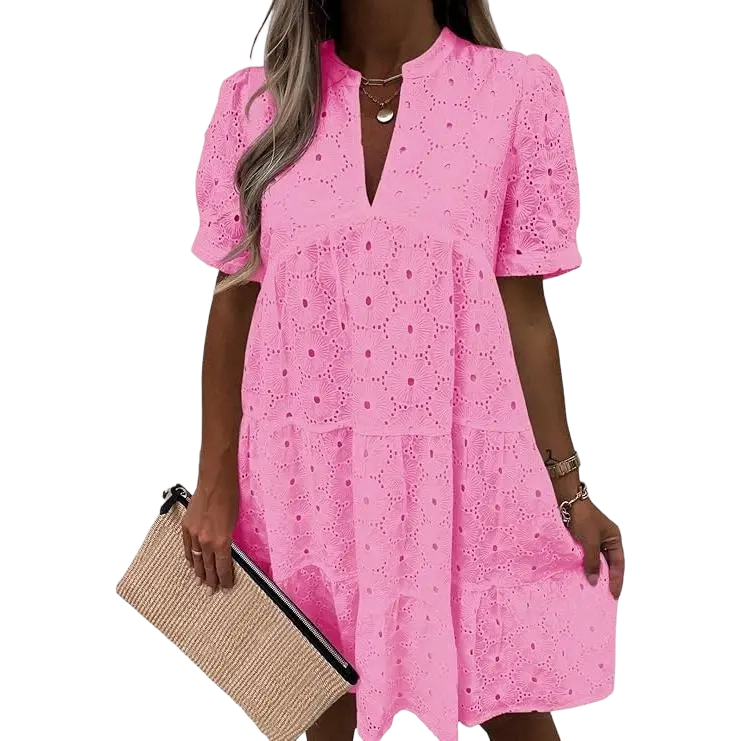 💖Wenrine Women’s Summer Lace Dresses Eyelet Casual Flowy Babydoll Swing Short Sleeve V Neck Tunic Dress