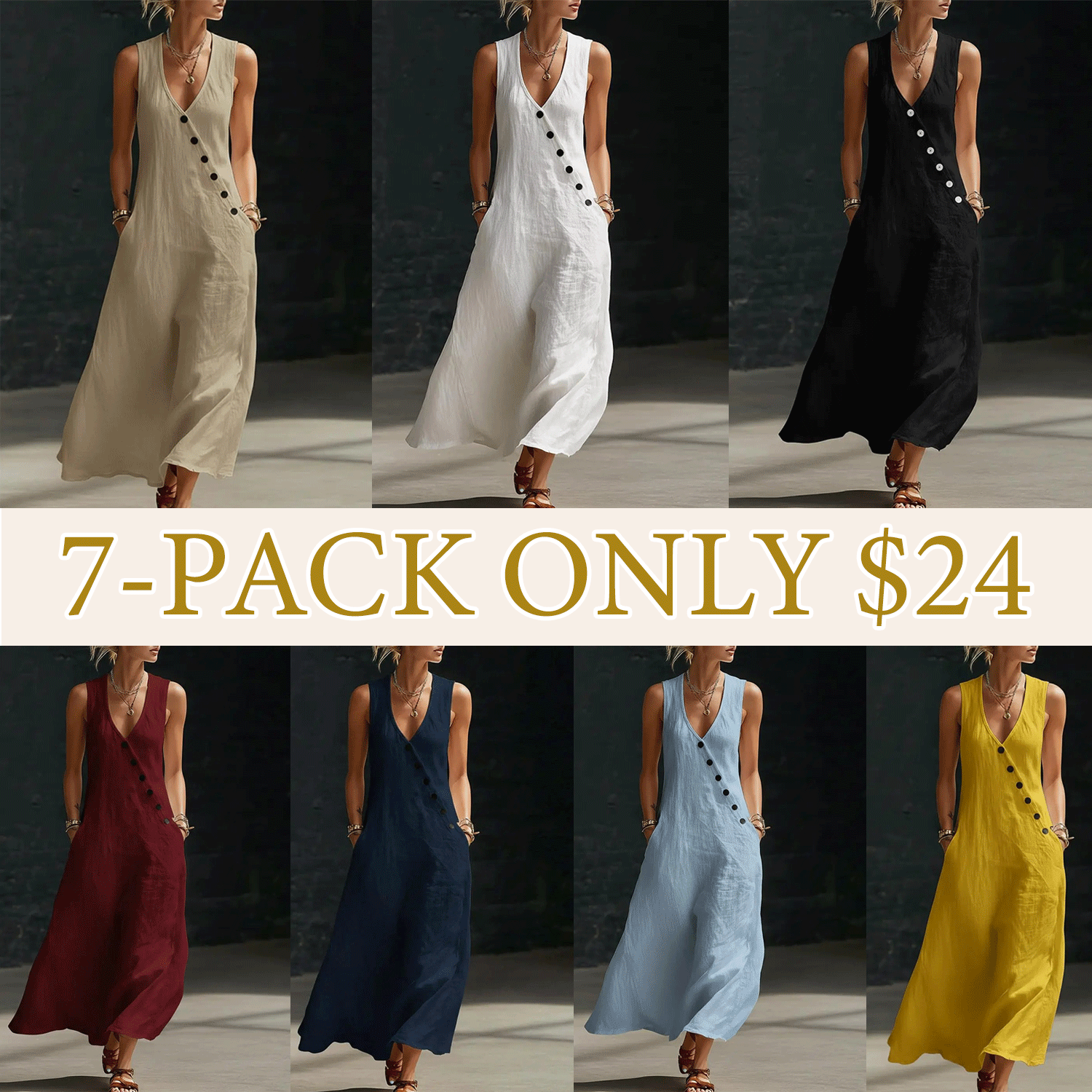 🔥Easter Sale!!Women’s Sleeveless Linen Maxi Dress – V-Neck Button Detail with Pockets