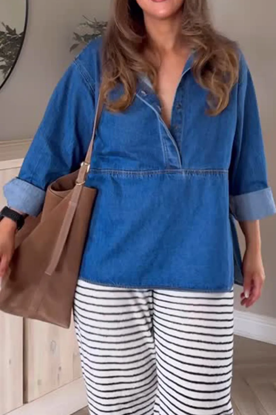 Denim Top And Yoga Pants And Striped Trousers