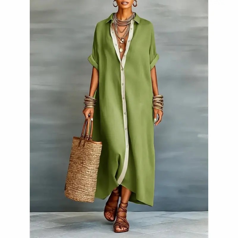 Women’s Minimalist Linen Blend Short-sleeved Shirt Maxi Dress