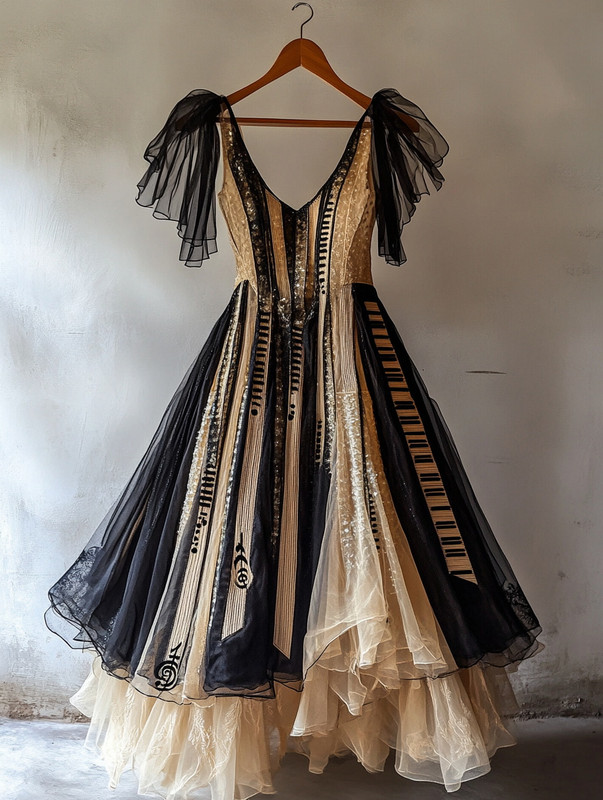 Retro Elegant Music Theme Irregular Stitching Dress e935