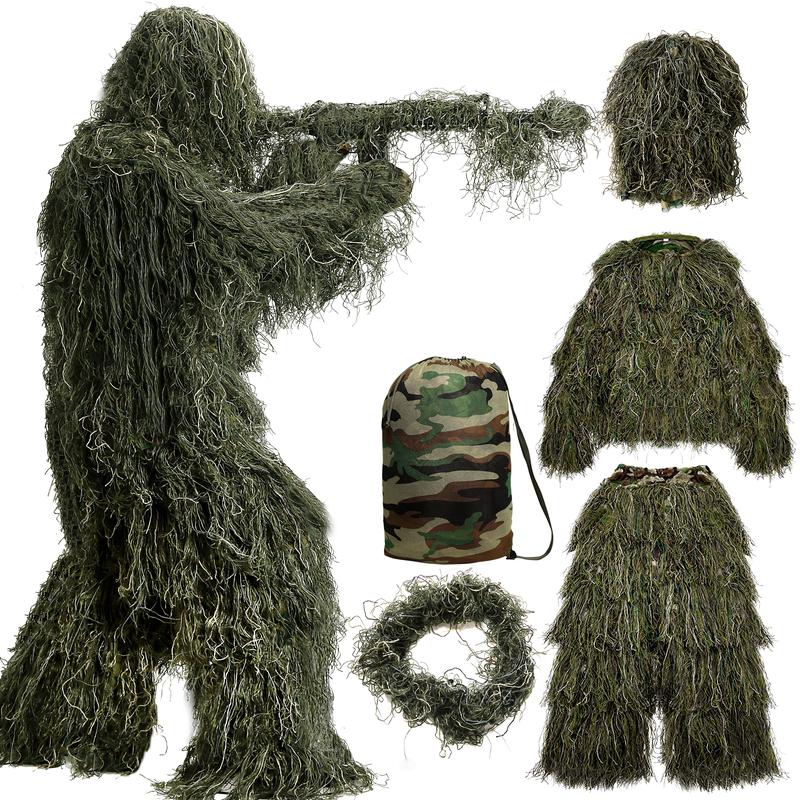 5 in 1 Ghillie Suit, 3D Camouflage Hunting Apparel Including Jacket, Pants, Hood, Carry Bag Suitable for Unisex Adults/Youth (S/M/L)