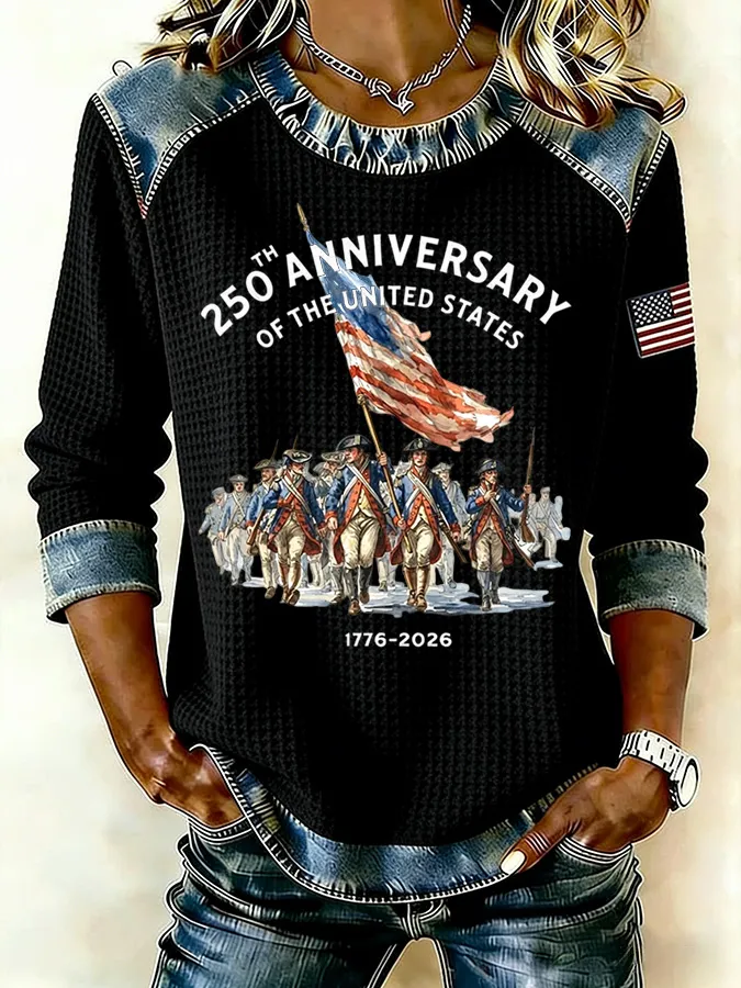 Ladies' Leisure 250Th Anniversary Celebration Splicing Color Contrasting Long Sleeve T-Shirt