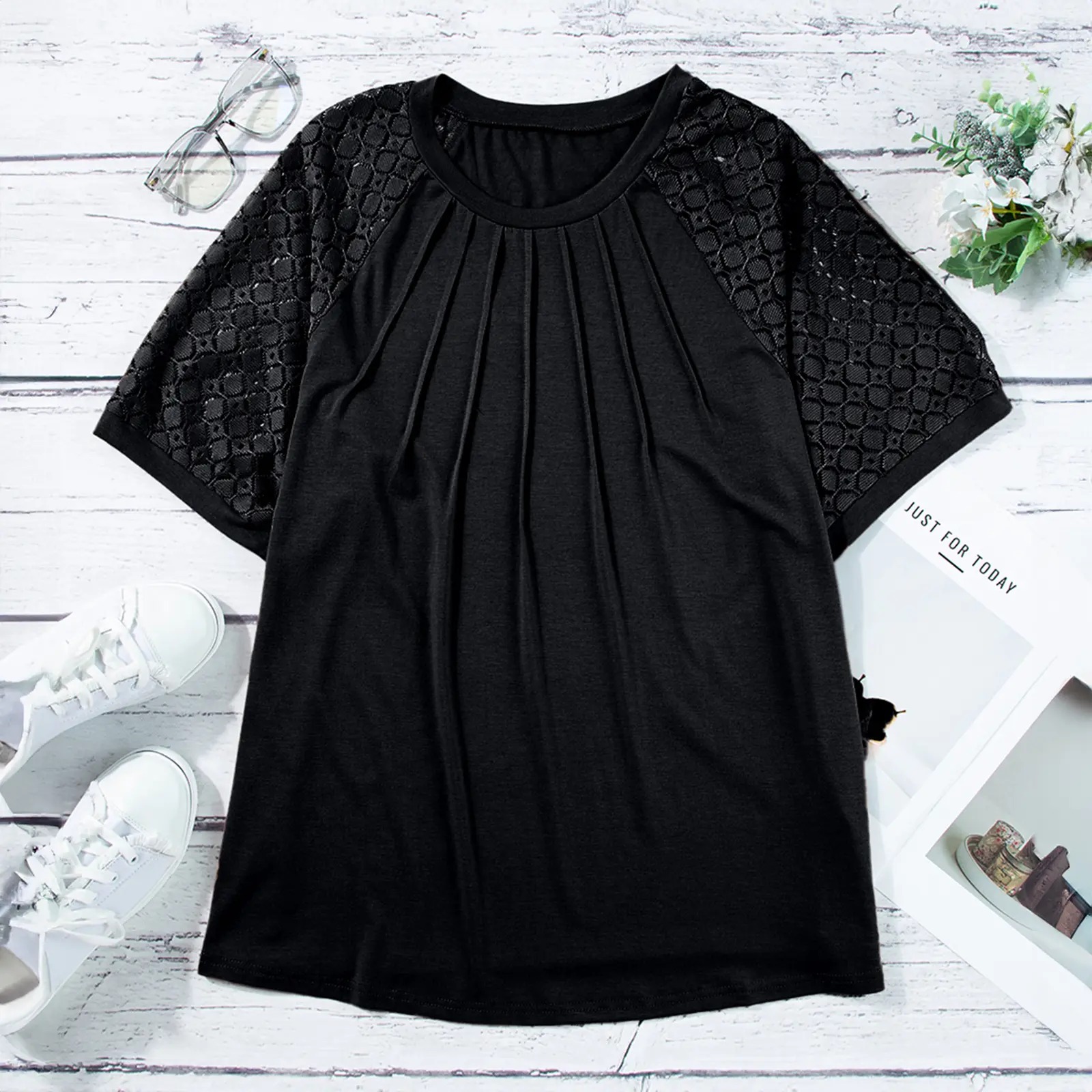 Plus Size Summer Lace Short Sleeve Tunic Top