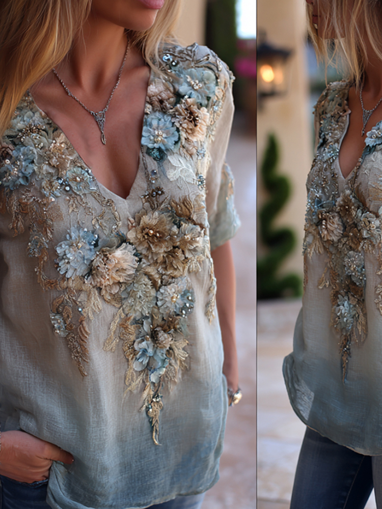 Bohemian Sky Blue Romantic Tie-dye Floral V-neck Short-sleeved Shirt