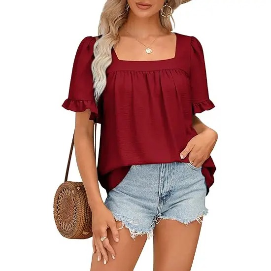 Women's Cottagecore Coquette Blouse - Square Neck Peplum Top with Ruffle Sleeves