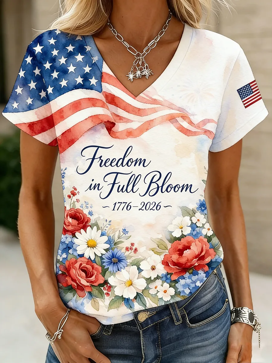 Women's 'Freedom in Full Bloom 1776-2026' Watercolor Floral American Flag V-Neck T-Shirt