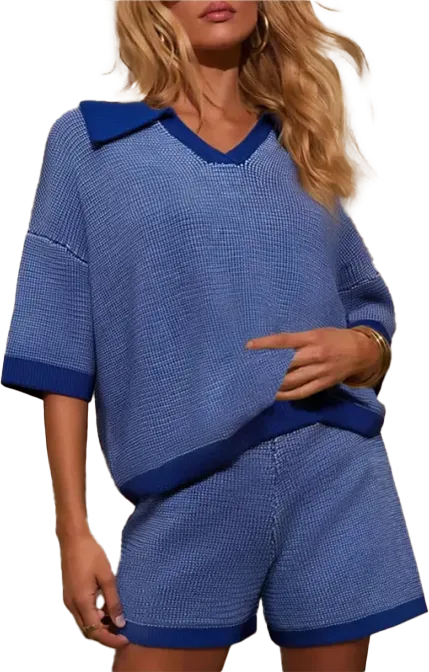 Women's Striped Knit Two-Piece Set – Short Sleeve Sweater Top & Elastic Waist Skirt, Casual Summer Outfit